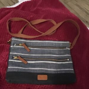 Fossil Black/ Brown Trim Striped Fabric Crossbody Detail